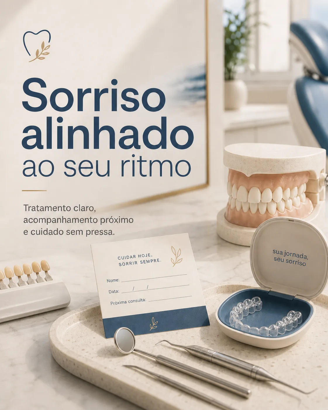 Exemplar 4:5 de odontologia com modelo dental, alinhador, instrumentos e paleta mineral azul.
