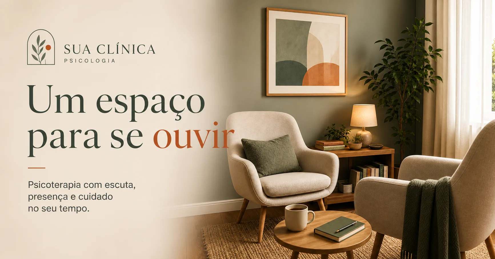 Exemplar 1.91:1 de psicologia com consultório acolhedor, poltronas, planta e tipografia serifada.