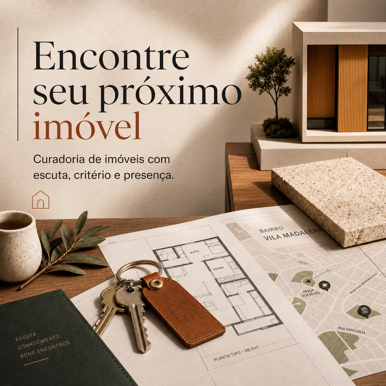 Exemplar 1:1 de imobiliária com chaves, planta baixa, mapa de bairro e miniatura arquitetônica.
