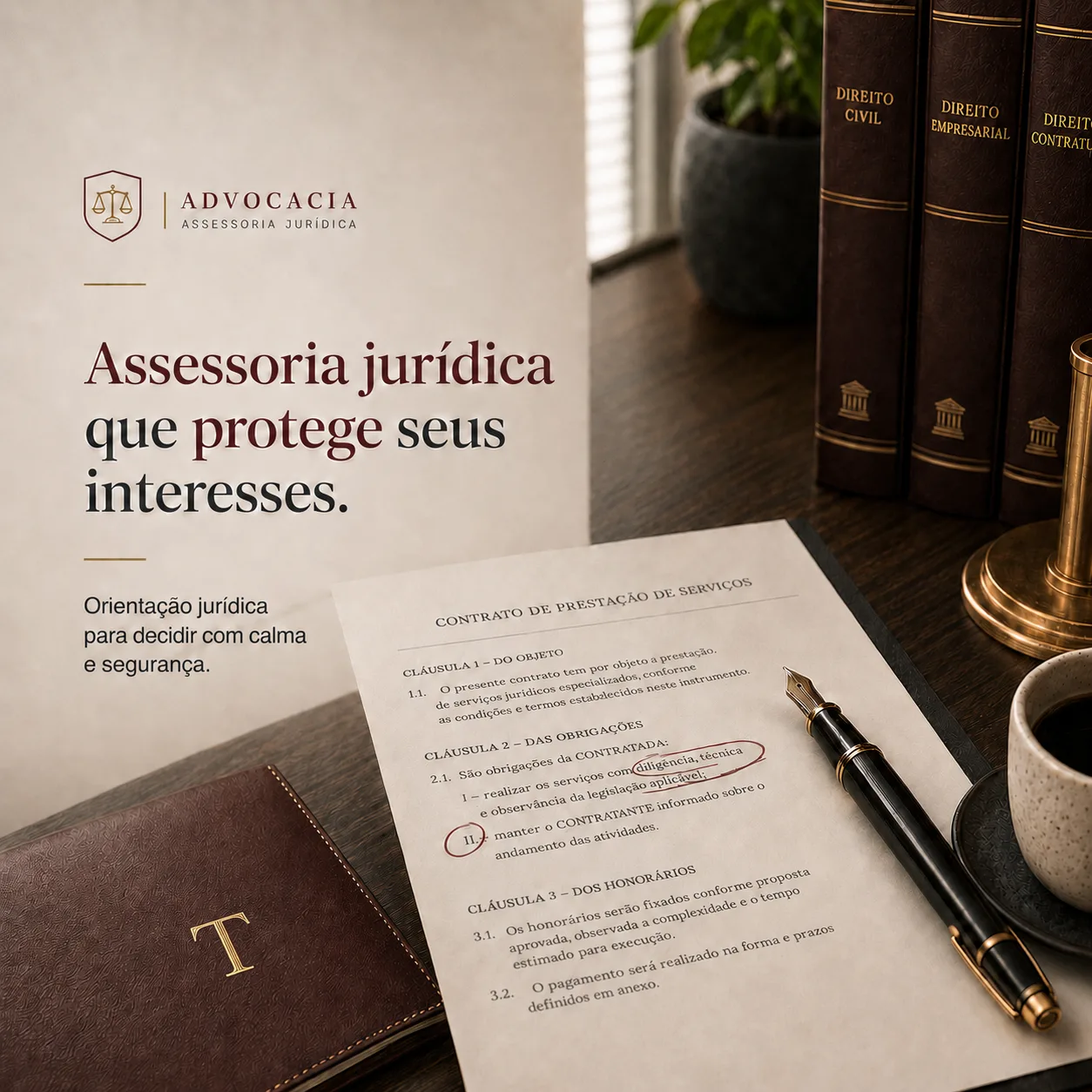 Exemplar 1:1 jurídico com contrato, livros de direito, caneta e paleta vinho com dourado.