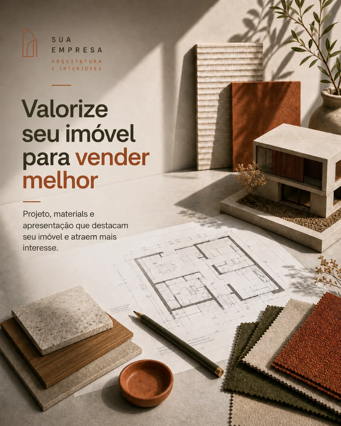 Exemplar 4:5 de arquitetura com maquete, planta baixa, amostras de materiais e luz natural.