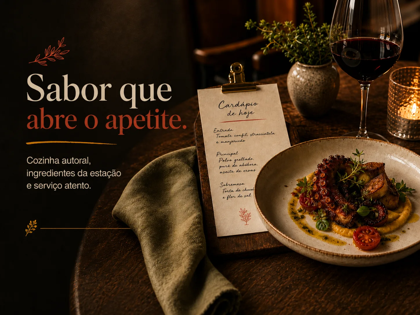 Exemplar 4:3 de restaurante autoral com prato servido, menu, vinho e luz quente.