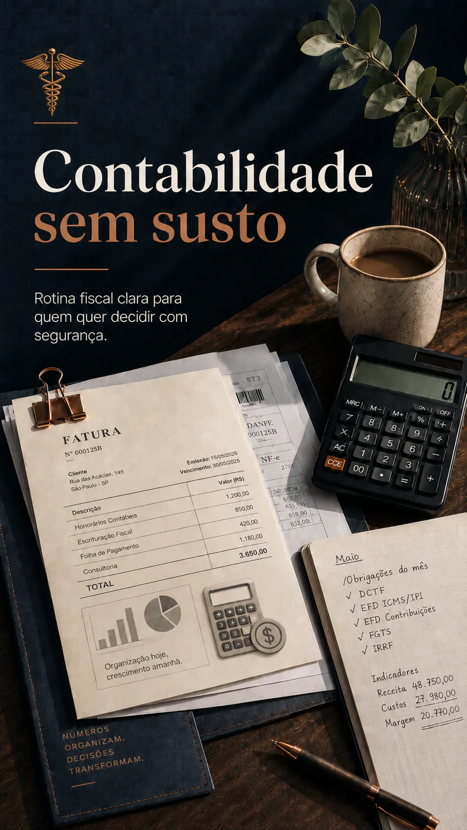 Exemplar vertical de contabilidade com fatura, calculadora, café e paleta azul-marinho com cobre.