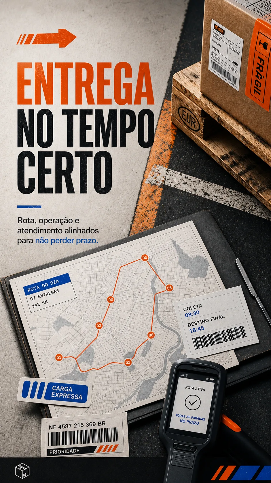 Exemplar vertical de logística com mapa de rota, etiquetas, scanner e caixa sobre pallet.