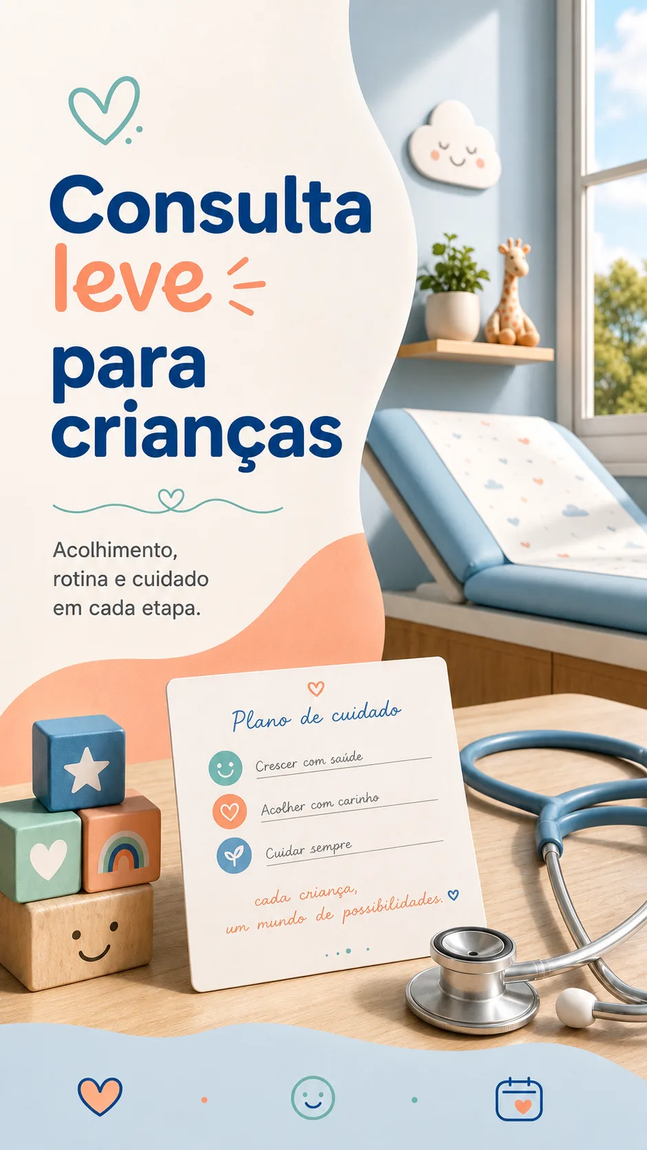 Exemplar vertical de pediatria com maca azul, blocos infantis, estetoscópio e ilustrações suaves.