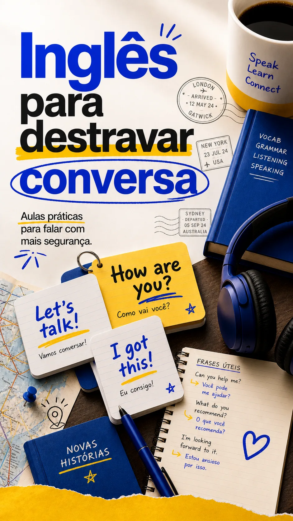 Exemplar vertical de escola de inglês com flashcards, fones, caderno, mapa e destaques em azul e amarelo.