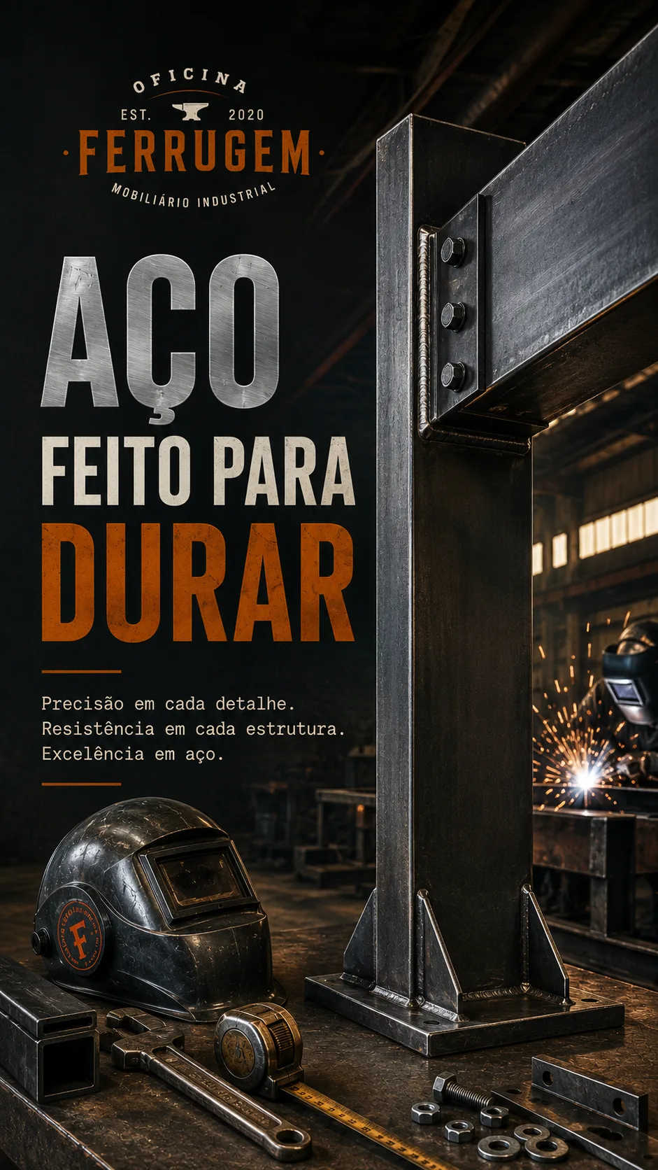 Exemplar vertical de oficina de móveis industriais com mesa de madeira, estrutura metálica e luz quente.